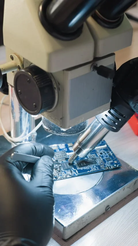 Technician Using Microscope and Soldering Tools to Repair Circuit Board Stock Footage 310490886
