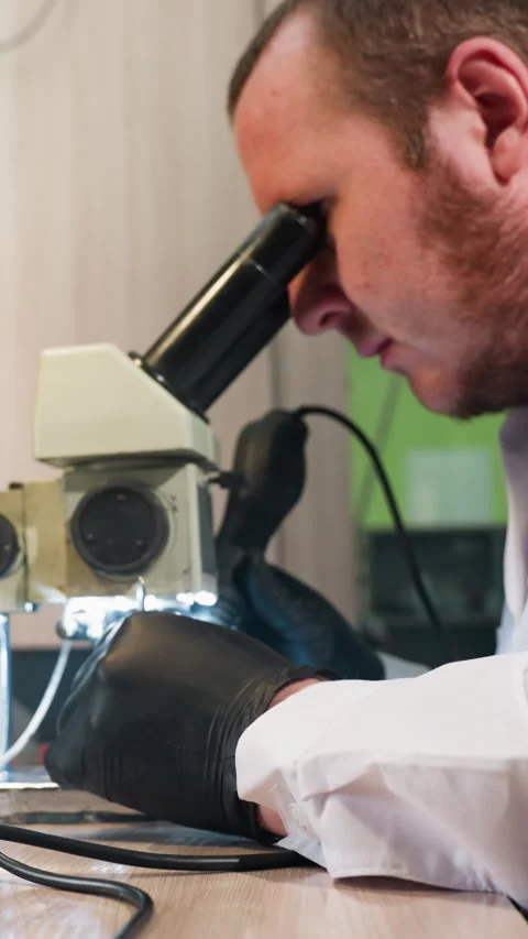 Technician Using Microscope to Inspect Circuit Board on Workbench Stock Footage 310490864