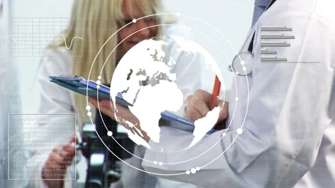 Technician using microscope, starting globe overlay, clinician writing Stock Footage 335761705