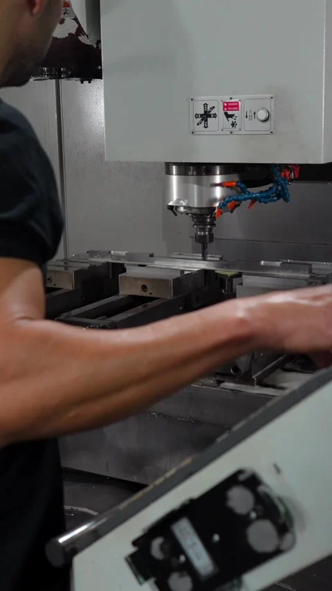 Technician using milling machine commands in a cnc factory Stock Footage 293320907