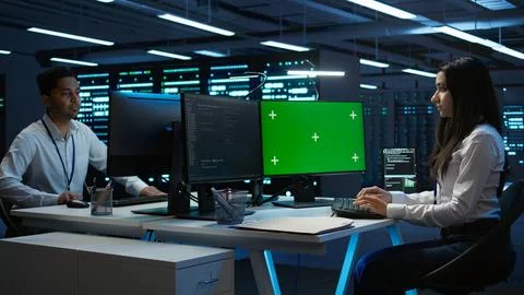 Technician using mockup computer in data center Foto stock