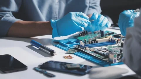 Technician using soldering iron on electronic circuit board for hardware re.. Stock Footage 345605853