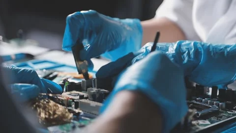 Technician using soldering iron on electronic circuit board for hardware re.. Stock Footage 345605879