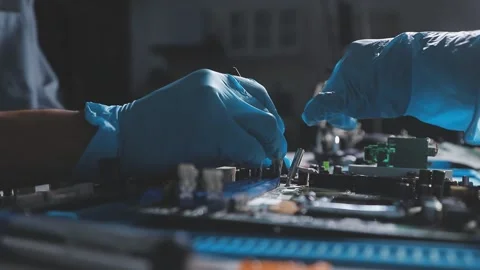Technician using soldering iron on electronic circuit board for hardware re.. Stock Footage 345605886