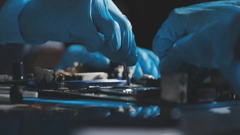Technician using soldering iron on electronic circuit board for hardware re.. Stock Footage 345605888