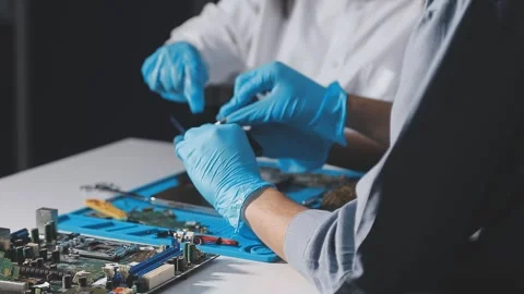 Technician using soldering iron on electronic circuit board for hardware re.. Stock Footage 345605902