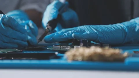 Technician using soldering iron on electronic circuit board for hardware re.. Stock Footage 345605969