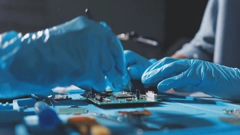 Technician using soldering iron on electronic circuit board for hardware re.. Stock Footage 345605988