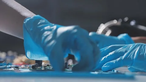 Technician using soldering iron on electronic circuit board for hardware re.. Stock Footage 345605991