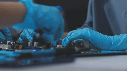 Technician using soldering iron on electronic circuit board for hardware re.. Stock Footage 345606006