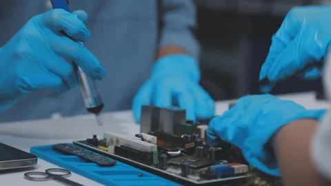 Technician using soldering iron on electronic circuit board for hardware re.. Stock Footage 345606021