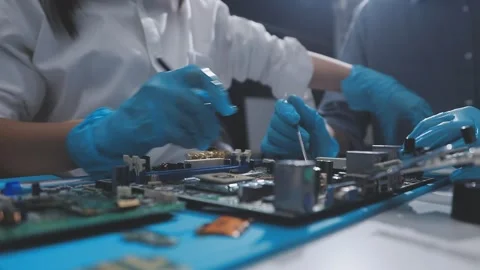 Technician using soldering iron on electronic circuit board for hardware re.. Stock Footage 345606048