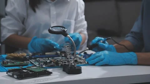 Technician using soldering iron on electronic circuit board for hardware re.. Stock Footage 345606064