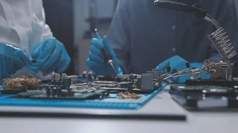 Technician using soldering iron on electronic circuit board for hardware re.. Stock Footage 345606075