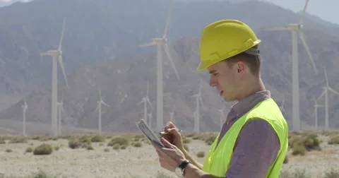 Technician using stylus with tablet computer at wind farm 4K Stock Footage 63778753