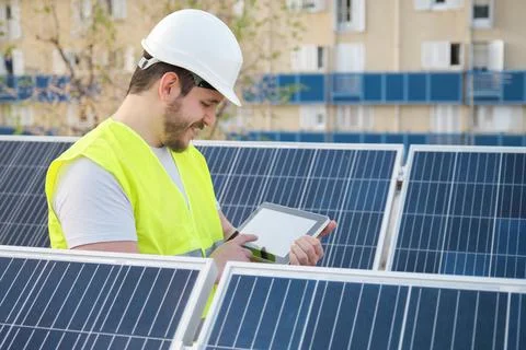 Technician using tablet for checking photovoltaic solar power generation. Stock Photos