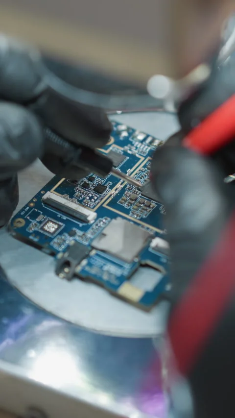 Technician Using Voltmeter Wire to Test Circuit Under Microscope Stock Footage 310489699