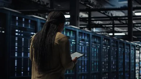 Technician walking in data center, using app on tablet to ensure error free rigs Stock Photos