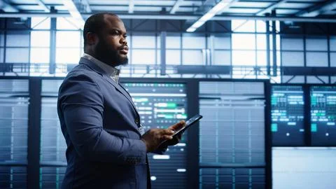 Technician walking in server room, doing checkup, inputting data on tablet Foto stock