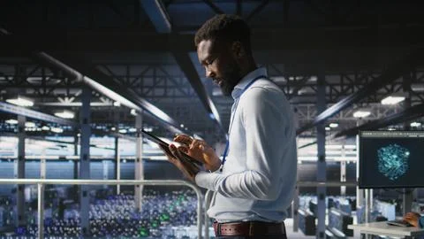 Technician walks in data center, doing maintenance tasks on tablet 스톡 사진