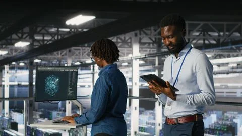 Technician walks in data center, doing maintenance tasks on tablet Foto stock