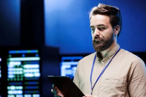 Technician walks in high tech facility 스톡 사진