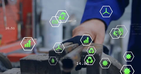 Technician wiping steel pipe in bench vise updating green hexagon icons Stock Footage 311664005