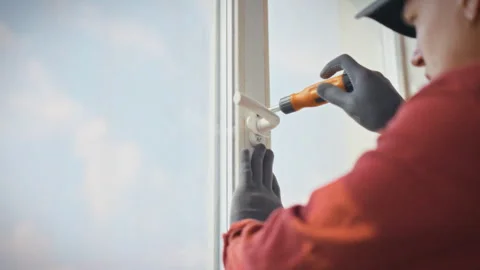 A technician in work uniform carefully detaches a handle from a plastic wind Vidéo 341489310