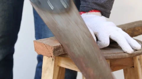 Technician, worker, close up of cutting wood with a saw Stock Footage