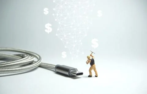 Technician worker figure standing in front of usb USB type C cable. E commerc Stock Photos