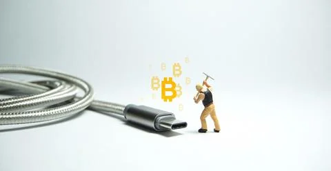 Technician worker figure standing in front of usb USB type C cable. IT suppor Stock Photos