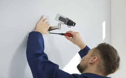 Technician worker install security camera on wall Foto stock