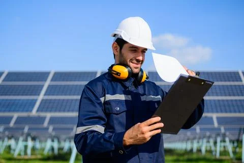 Technician worker installing solar panels at solar cell farm Foto stock