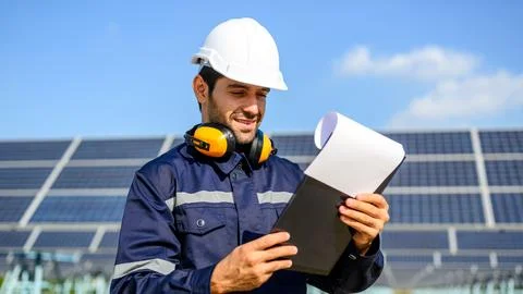 Technician worker installing solar panels at solar cell farm Stock Photos