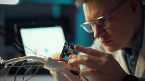 Technician working on electronic components in a tech lab environment at nig Stock Footage 331297470