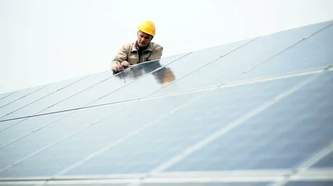 Technician working on solar panels Stock Footage 3691963