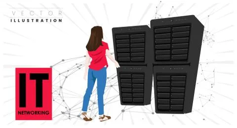 Technician working with supercomputer server cabinet  in data center. Network イラスト素材