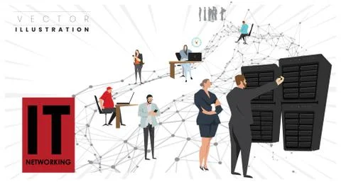 Technician working with supercomputer server cabinet  in data center. Network Illustrazione stock