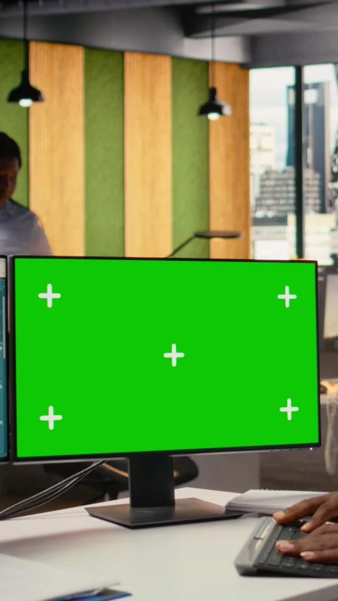 Technician works on power line tower CAD design on green screen PC in office Stock Footage 315415652