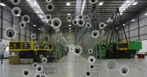 Technicians adjusting molding controls and walking under nodes animating fading Video stock 330662402