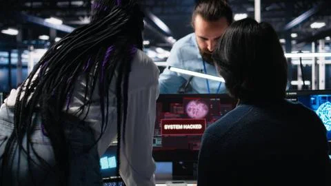 Technicians in AI server hub panicked by hacking attempt stealing company data Stock Photos