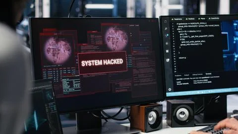 Technicians in AI server hub panicked by hacking attempt stealing company data Stock Photos
