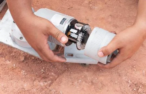 Technicians are disassembling old CCTV cameras to check the order before inst Stock Photos