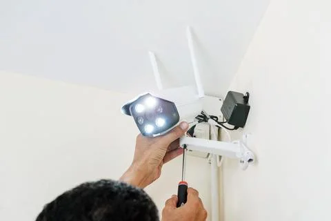 Technicians are installing a wireless CCTV camera. Stock Photos