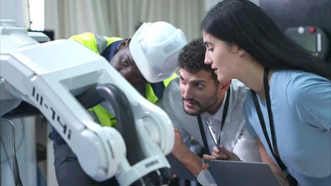 Technicians are introducing industrial hand robots Stock Footage 266693814