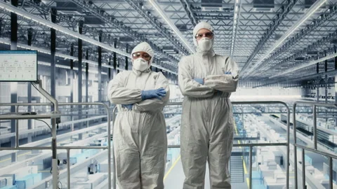 Technicians brainstorming in microchip smart factory to prevent downtime Stock Footage 333381998
