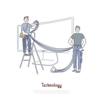 Technicians connecting wires and cables, smart TV technology, Internet televi Stock Illustration