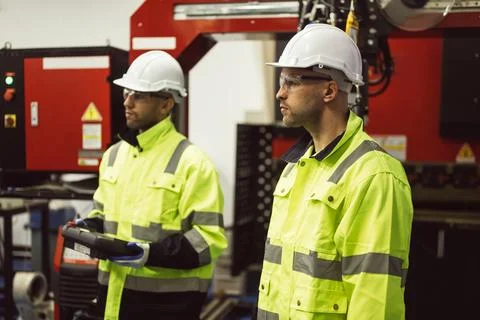 Technicians engineers holding robot controller repairing robotic machine Stock Photos