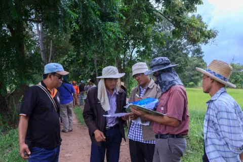Technicians is find satellite coordinates for boundary line between the distr Stock Photos