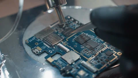 Technician's Gloved Hands Working on Circuit Board Under Microscope Stock Footage 283123018
